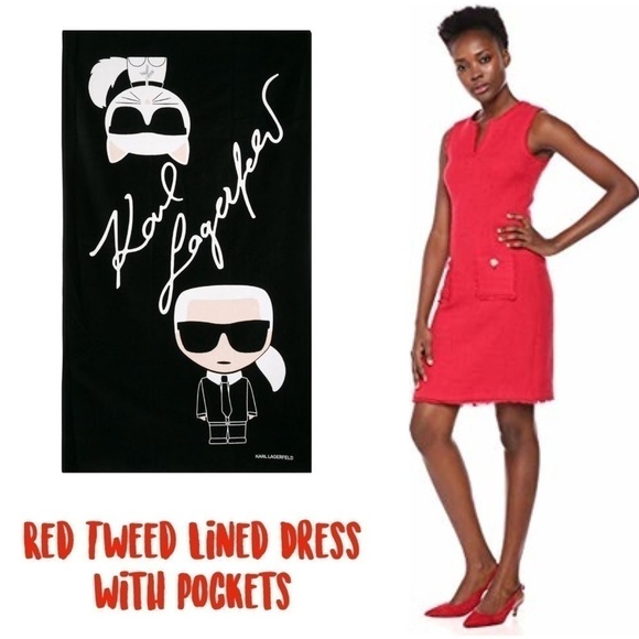 Karl Lagerfeld Paris Red Tweed Dress With Pockets - Picture 1 of 3